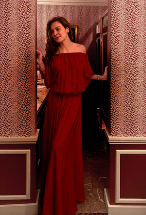 Bija Dress : 100% Charmeuse Silk , On Or Off -The -Shoulder Long And Timeless Dress